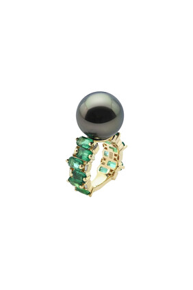 One of a Kind Ring, 18k Yellow Gold with Emeralds & Tahitian Pearl